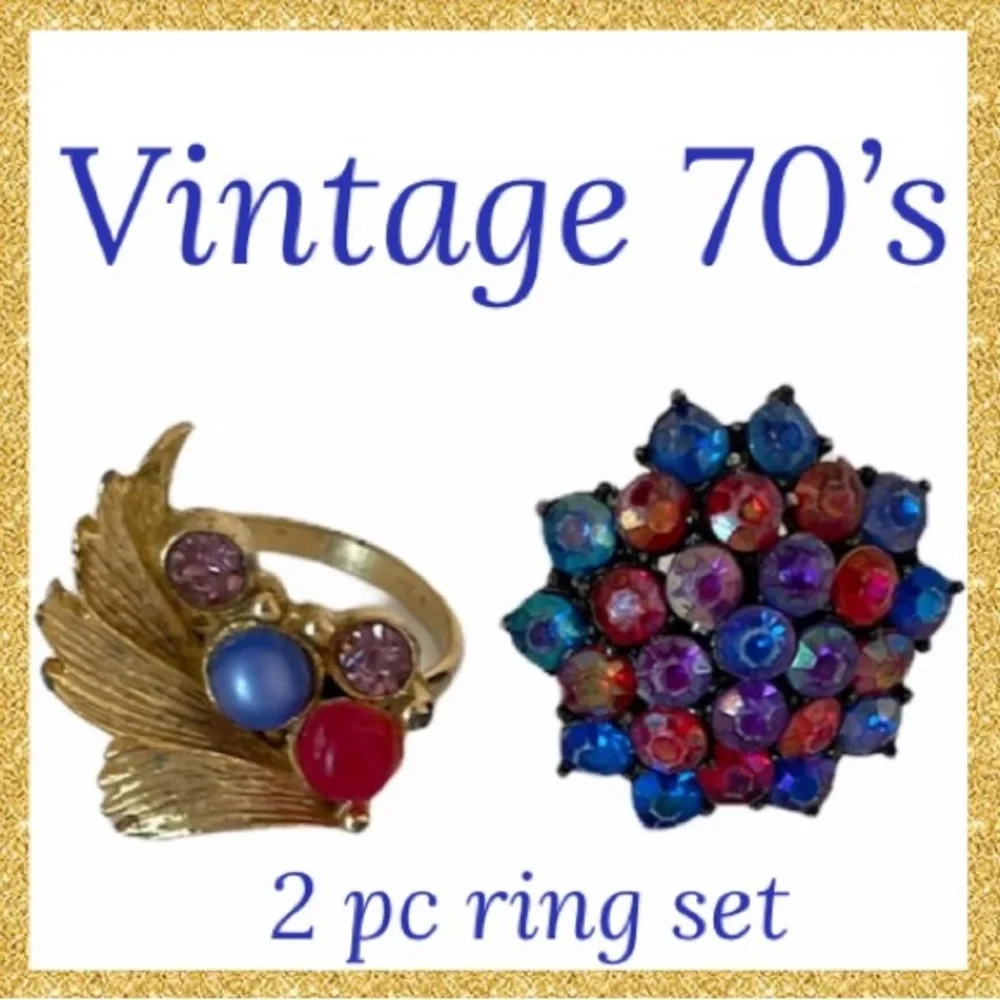 Vintage 70’s Rings Antique Gemstone Jewelry Adjustable 2 Piece Ring Set Blue Red